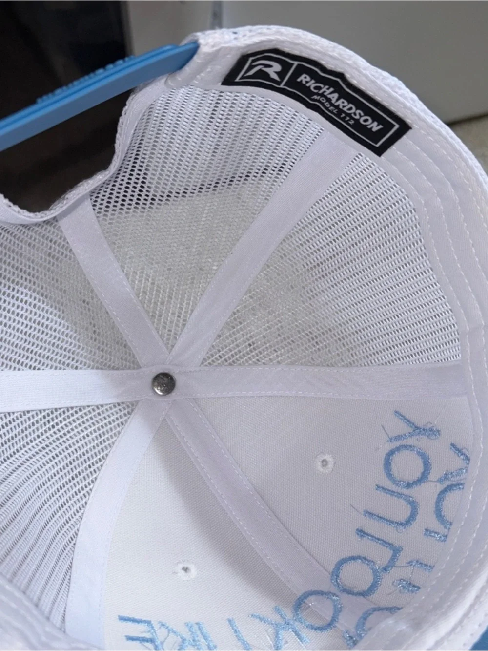 NWOT White & Light Blue Embroidered Richardson Hat “YOU LOOK LIKE YOU LOVE ME”
